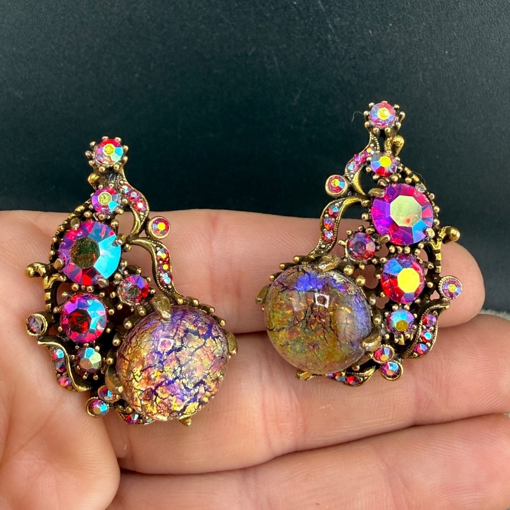 Vintage Hollycraft Rhinestone Clip On Earrings Dragon Gold Tone Pink